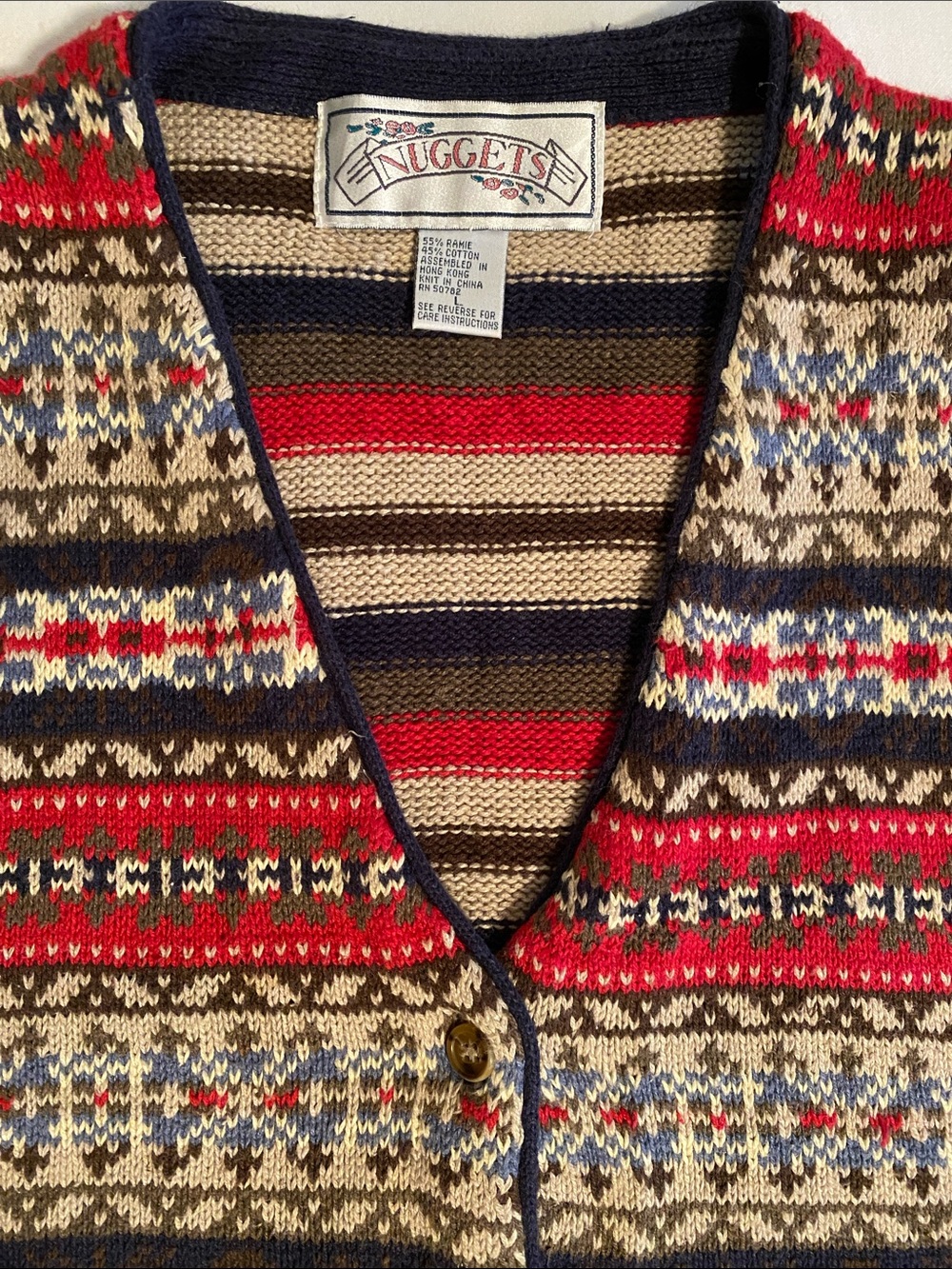 Nuggets Vintage 90’s Fair Isle Knit Button-Up Vest Cotton Ramie Y2K Size Large - Picture 3 of 12
